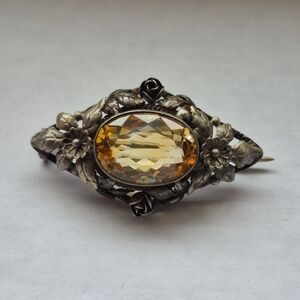 Antique Victorian Floral Brooch C Clasp Amber Paste Open Back Silver Tone Pin